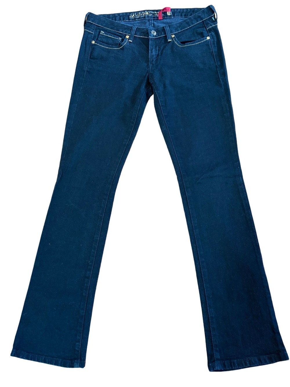 GUESS Jeans Dark Wash Bootcut Stretch Denim Gold Logo Pocket Jeans 28/31